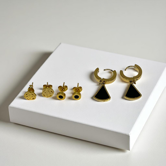 Elegant Black & Gold Anti-Tarnish Earring Set (Pack of 3 Pairs)